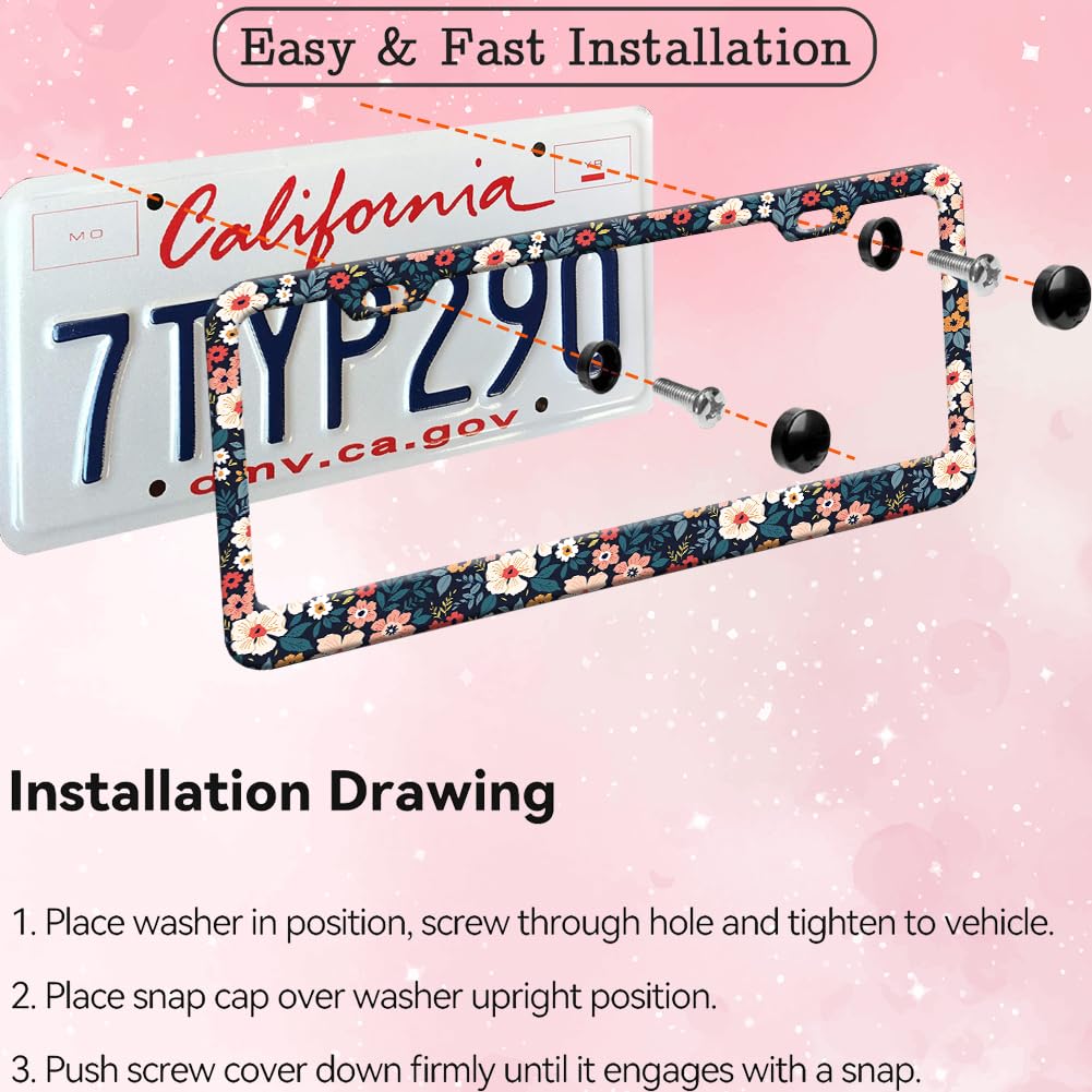 Cute Folk Floral License Plate Frame Women 2Pc Car Tag (for Floral-Folk / 2 pack)