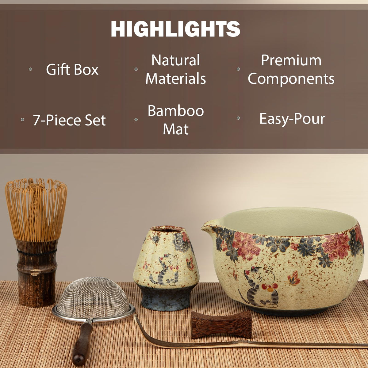 Matcha Set, 7-Piece Matcha Whisk Set with Bowl & 100-Prong Whisk (Beige-Kitten)