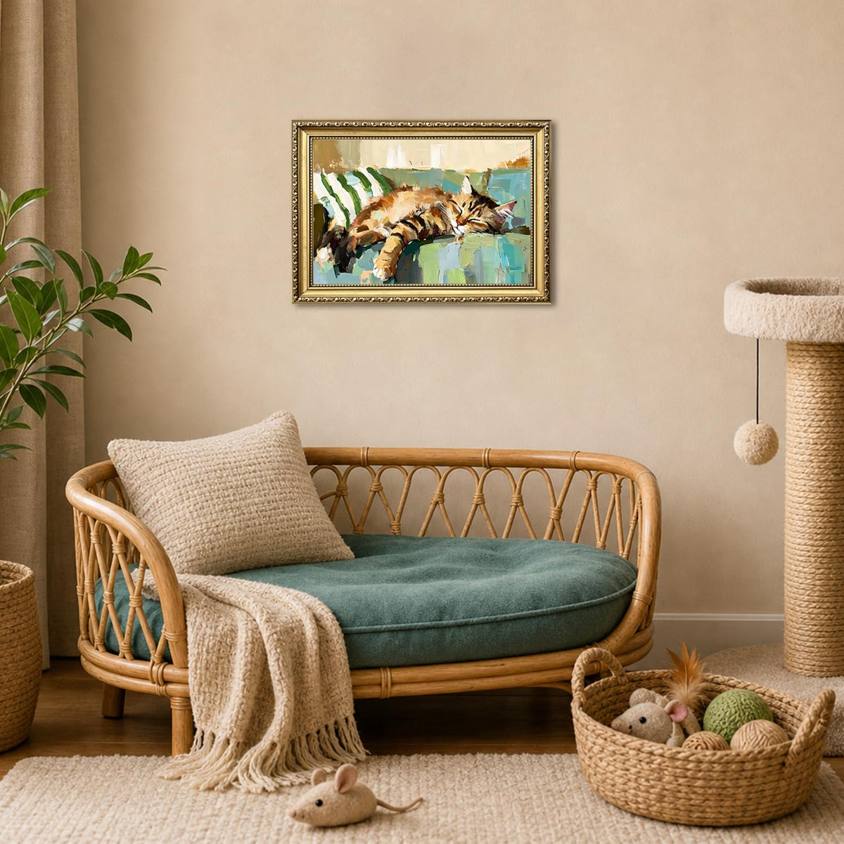 Sleeping Cat Wall Art Cute Tabby Cat Wall Decor Picture Cozy Kitty Animal Canvas Painting Print for Bedroom Living Room 24x16 inch Gold Framed (Animal-P / 24"L x 16"W)