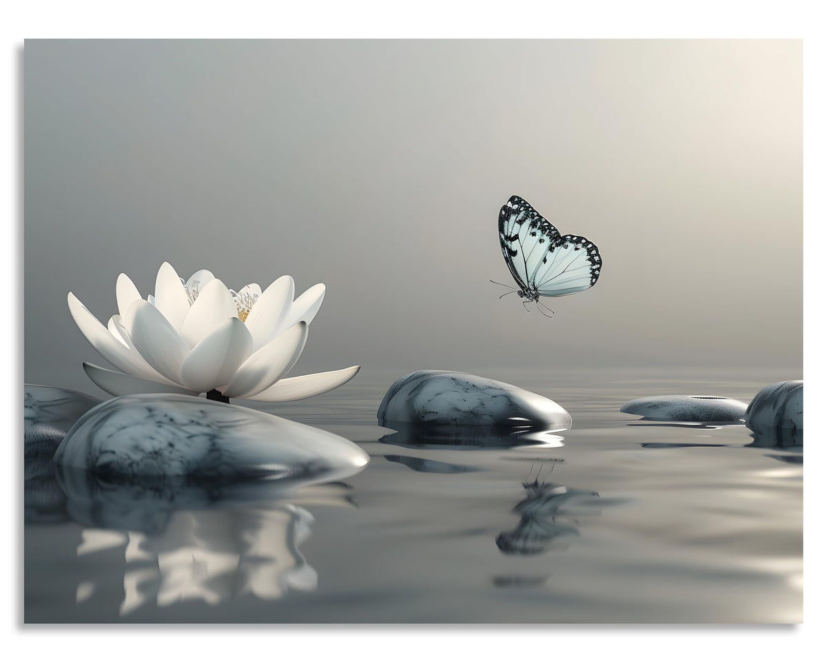 Zen Canvas Wall Art Zen Prints Lotus and Butterfly on Lake Pictures Zen Painting Zen Lotus Poster for Yoga Spa Meditation Spirit Room Wall Decor Framed 16X20 inch (20"L x 16"W / Zen Lotus Flower)