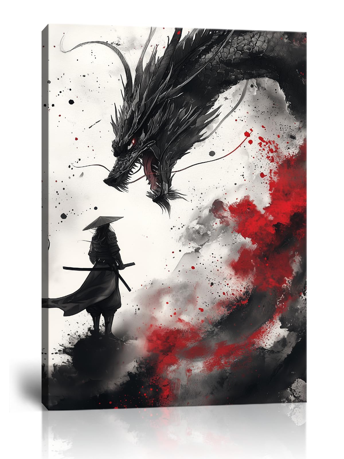 Ink Wash Samurai & Black Dragon Canvas Wall Art (12"L x 16"W / Samurai9)