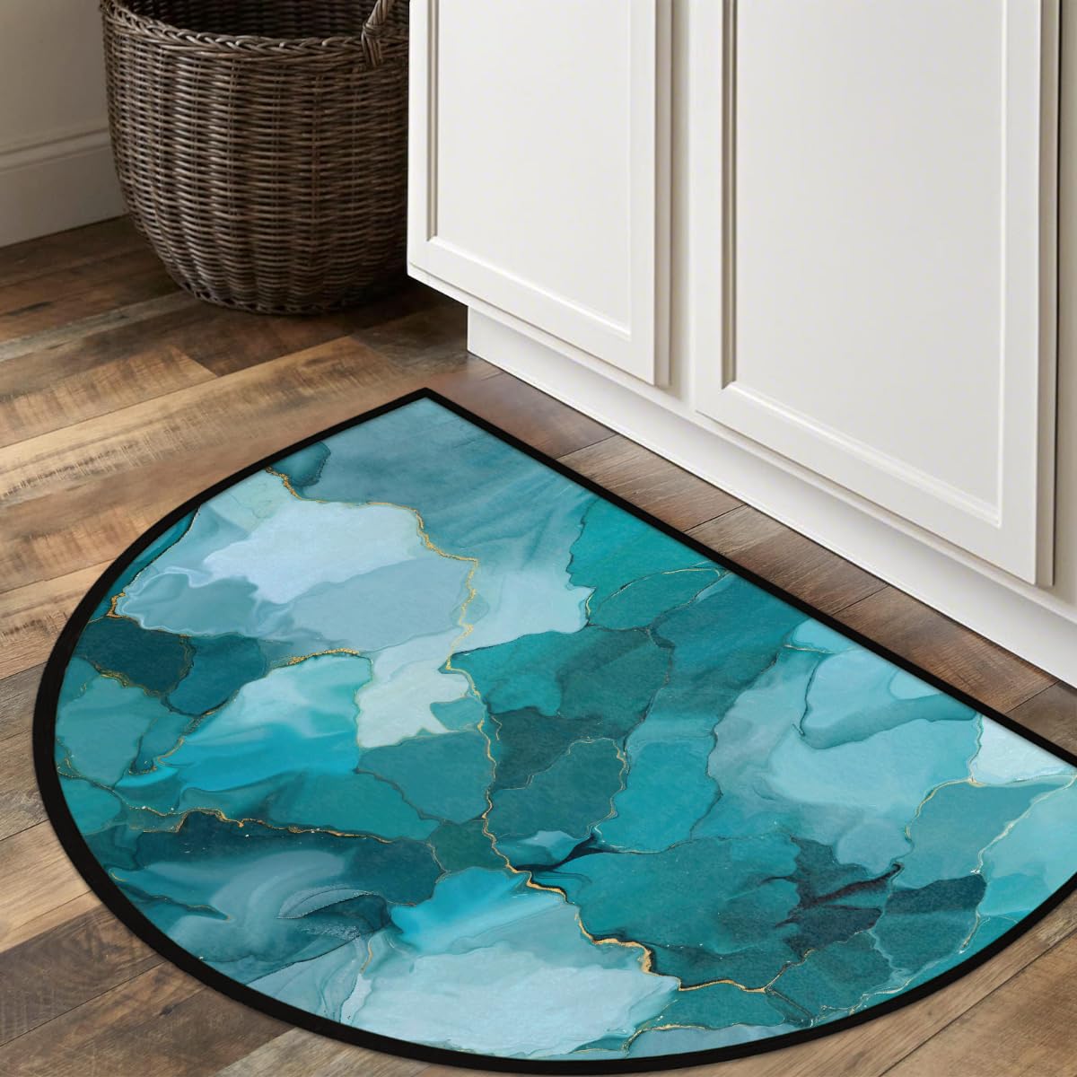 Half Round Door Mat Abstract Marble Turquoise Non Slip Absorbent Semi Circle Area Rugs Washable Half Moon Floor Mats for Indoor Patio Kitchen Bathroom Entryway Fireplace Home Carpet Decor (Z:color:69)