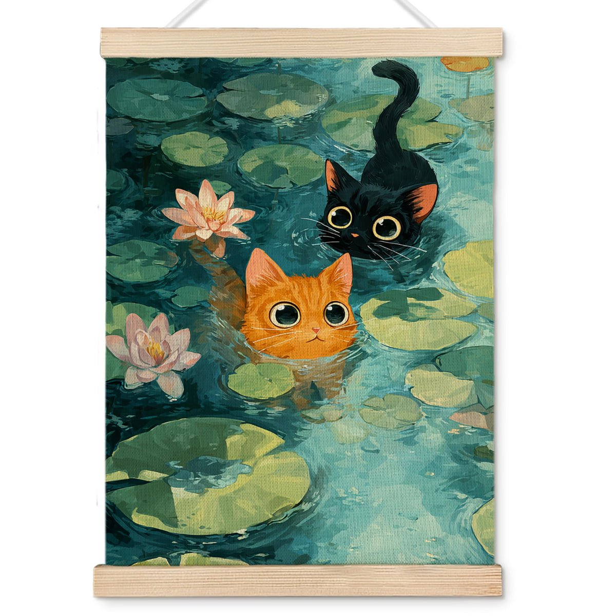 Whimsical Waterlily Floral Orange Black Cat Wall Art Decor (orange black cat)