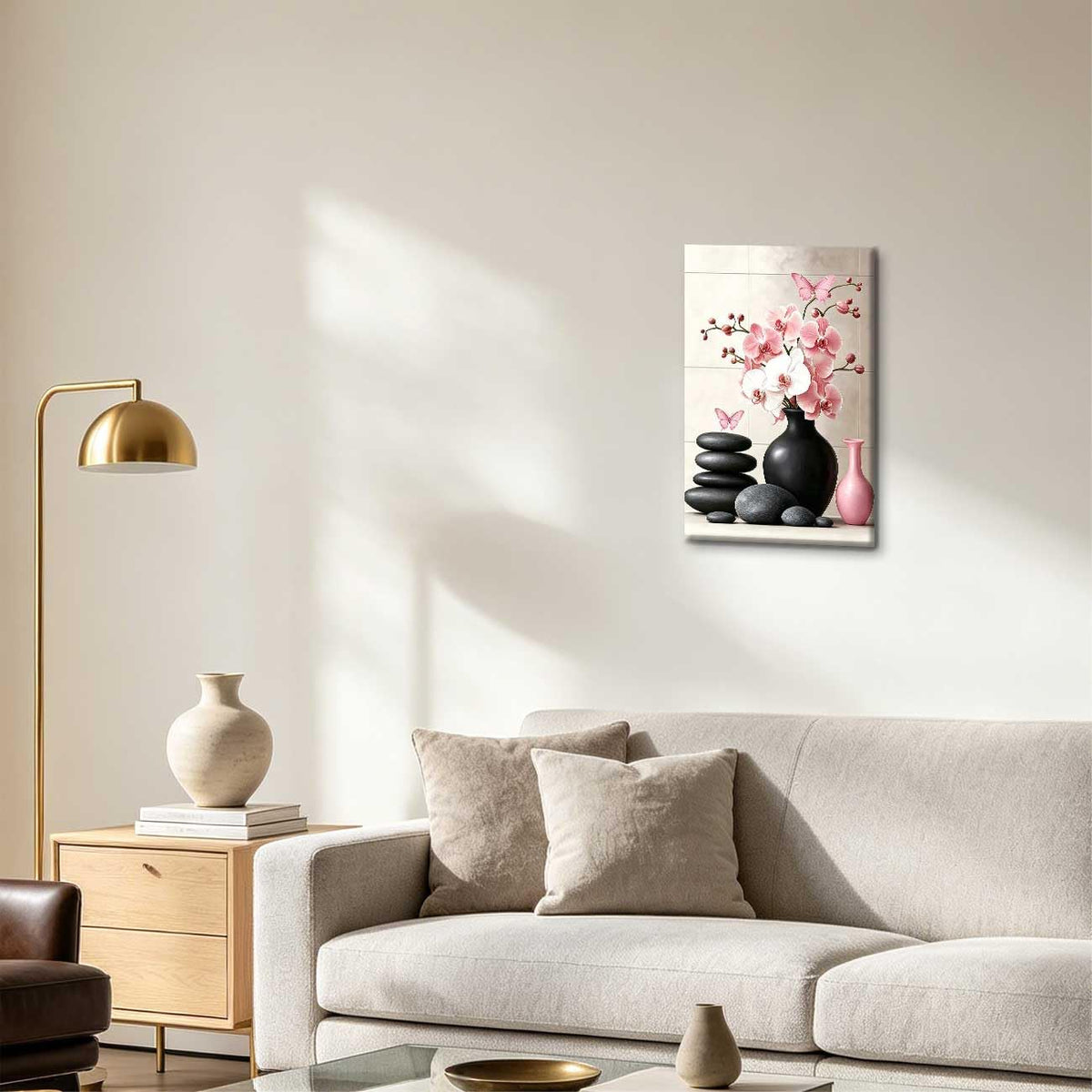 Orchid Flower Canvas Wall Art Zen Bathroom Pictures Prints Spa Stone Butterfly Wall Decor Black White Yoga Meditation Paintings for Living Room Bedroom (Pink / 24"L x 16"W)