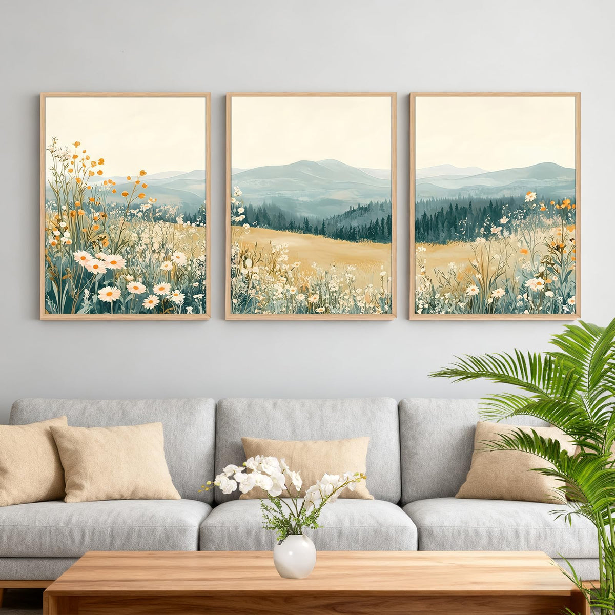 3Pcs Meadow Wildflower Landscape Canvas Wall Art Natural Mountain Prints (Mountain Landscape / 16x24 Inches)