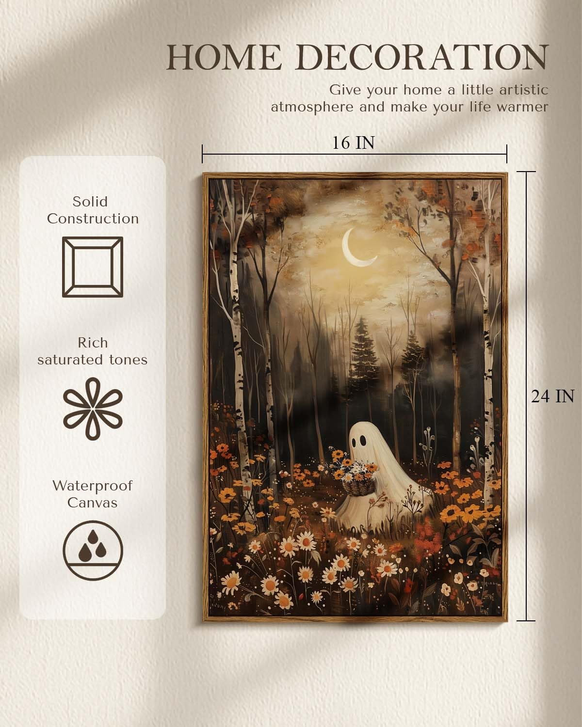 Vintage Cute Ghost Holding Flowers 16x24 Halloween Wall Art (Forest Ghost / 24"L x 16"W)