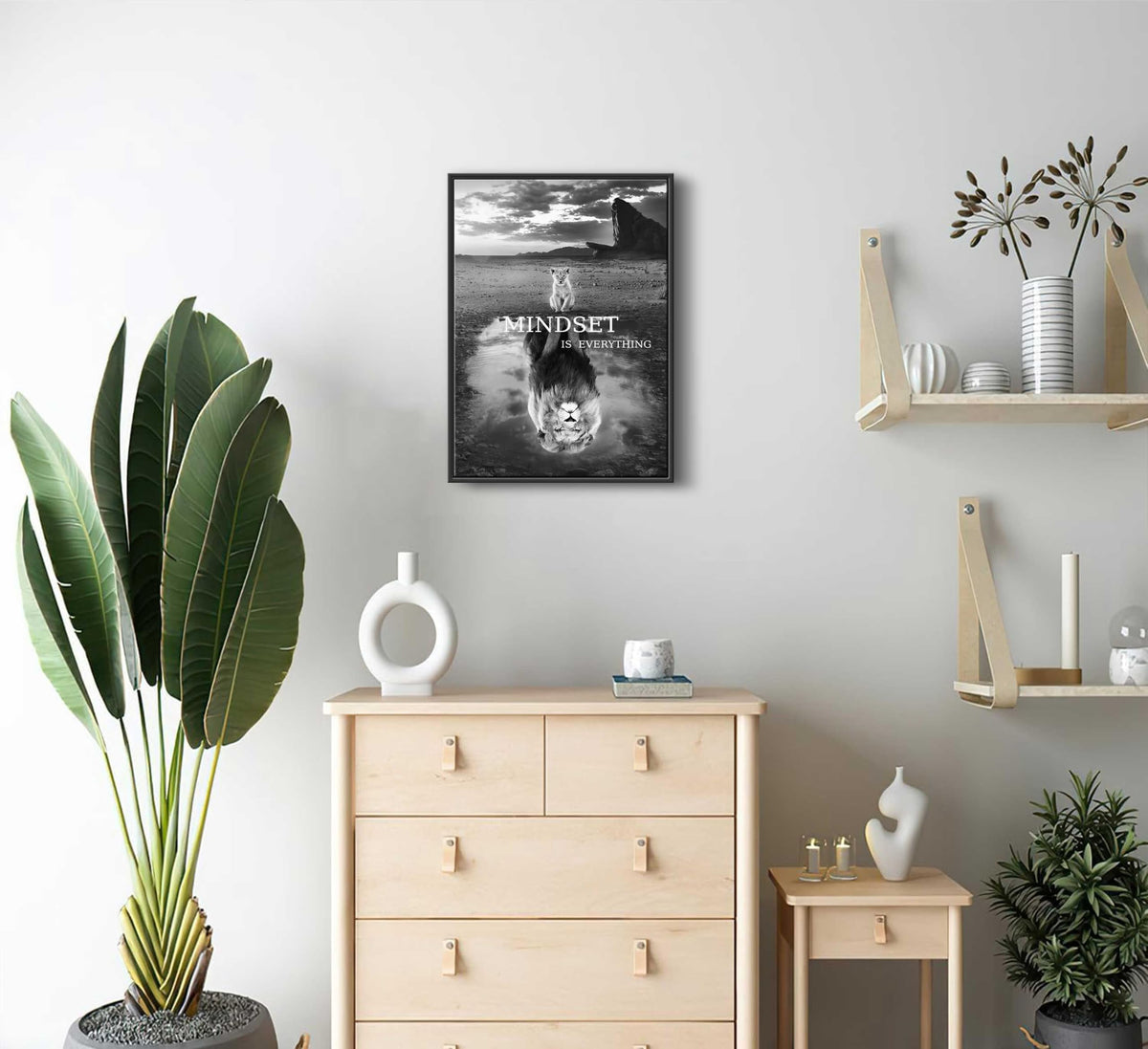 Framed Inspirational Lion Canvas Wall Art Mindset is Everything Black and White Picture Motivational Poster Print for Office Bedroom Classroom Man Cave Home Decoration (Framed Lion / 24"L x 16"W)