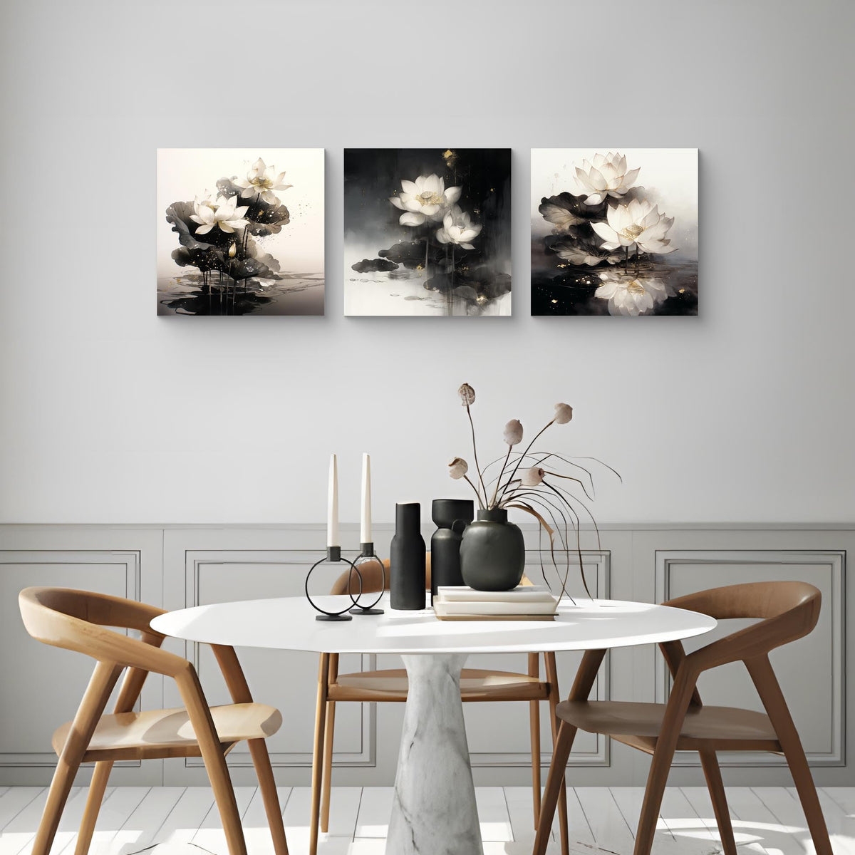 3Pcs White Lotus Flowers Canvas Wall Art Gold Leaf Ink Wash Zen Botanical Prints Modern Minimalist Floral Prints for Bedroom Bathroom Living Room Decor Nature Artwork Ready to Hang (White Lotus with Golden Accents-1 / 20x20inchx3)