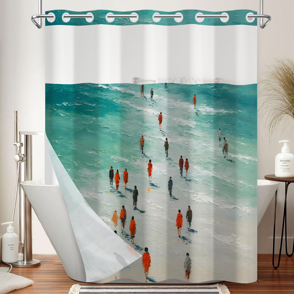 No Hook Shower Curtain with Snap in Liner (Beach Scene)
