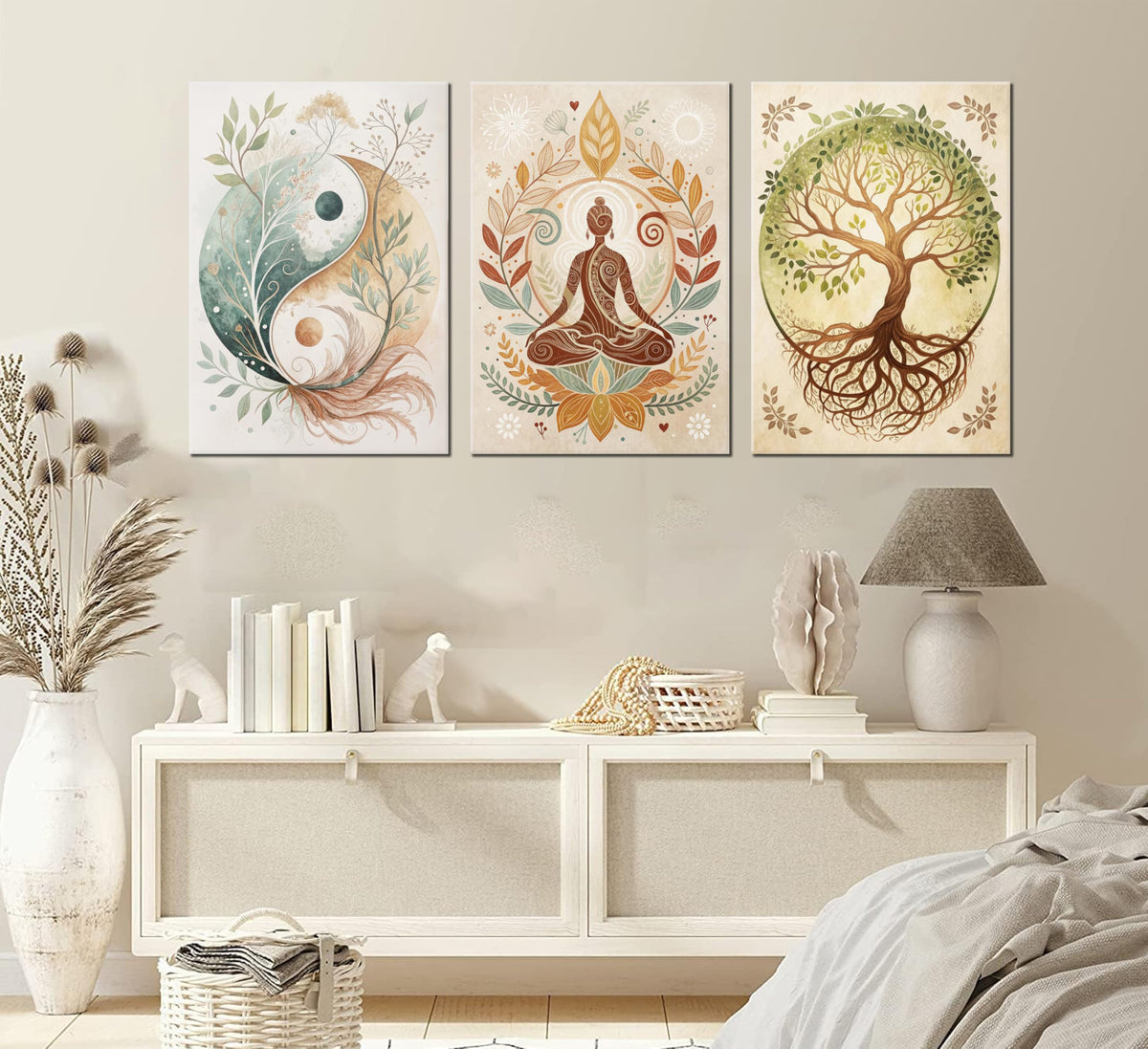 3 Pcs Tree of Life Canvas Wall Art Lotus Zen Painting Pictures Wall Decor Yin Yang Taichi Spiritual Prints Posters for Living Room Yoga Room Hotel Bedroom Home Decor 12x16in Framed (Tree of Life / 16L"×12W" canvas)