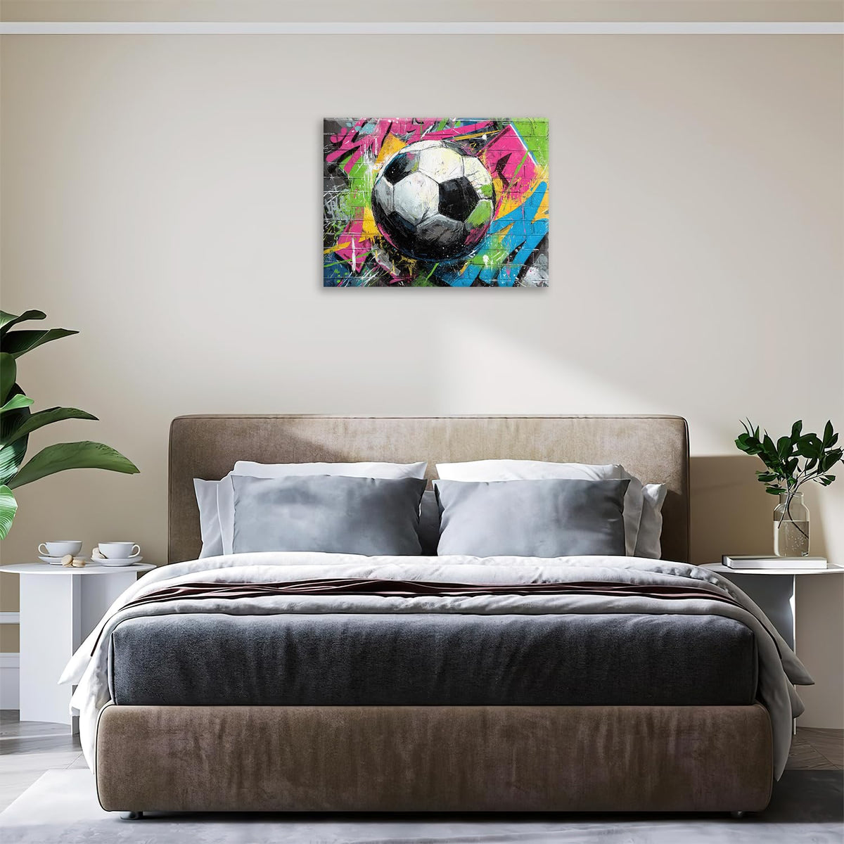 Soccer Canvas Wall Art Colourful Football Painting Framed ArtWork 16"x20" (Graffiti Soccer / 20"L x 16"W)