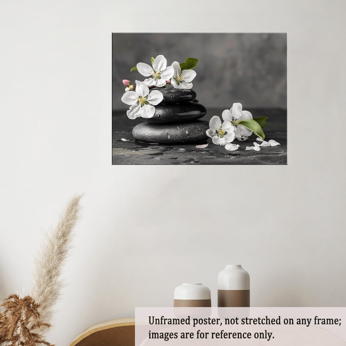 Zen Black Stones and White Flowers Wall Art (Unframed-9 / 16"L x 20"W)