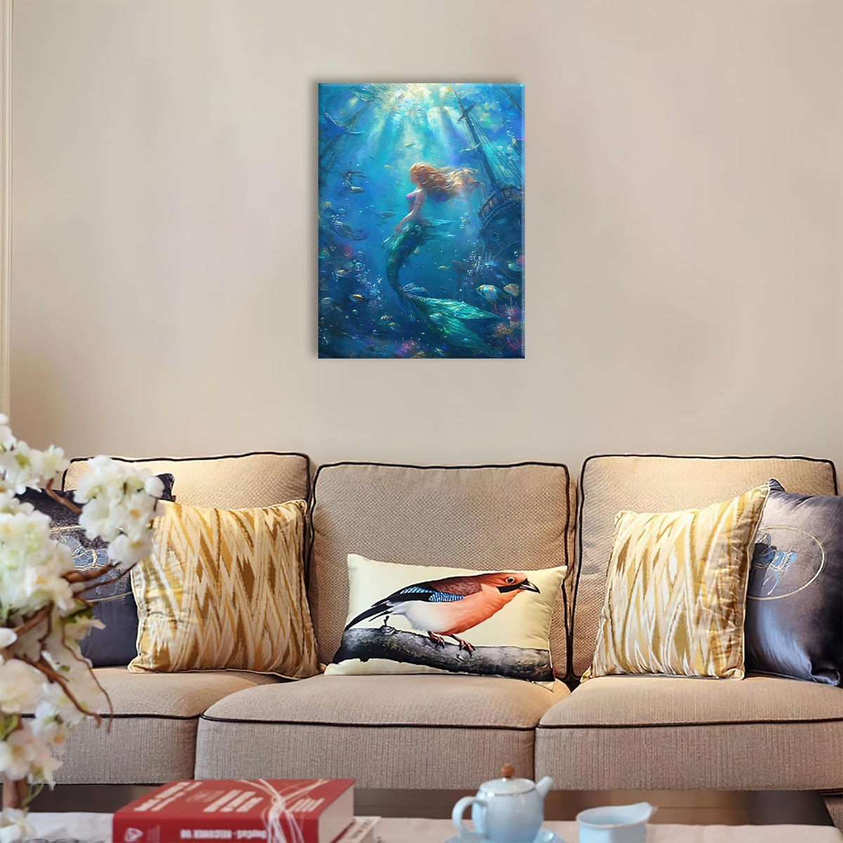 Mermaid Canvas Wall Art Ocean Picture Print Painting Framed ArtWork 16"x20" (Mermaid / 20"L x 16"W)