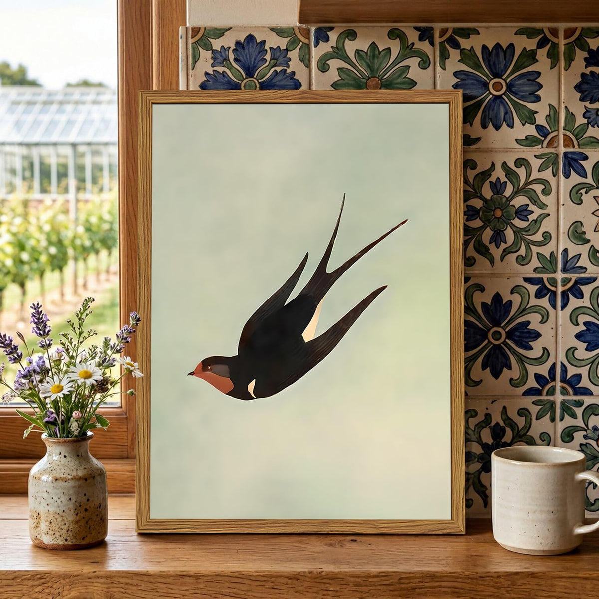Framed Vintage Bird Wall Art (Black Swallow / 16"L x 12"W)