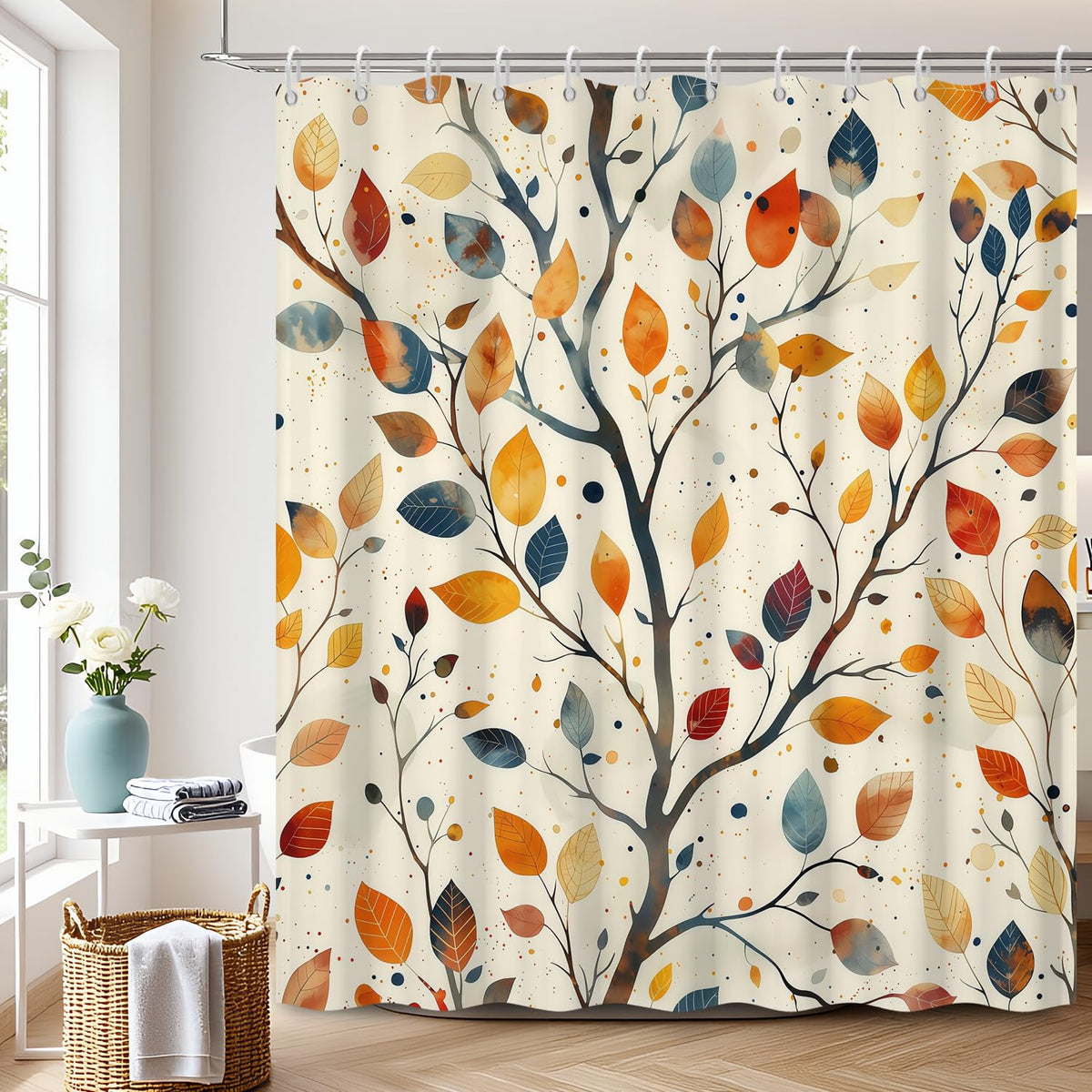 Watercolor Tree Shower Curtain with Hooks (Watercolor Leaf / 72"W x 72"L (Pack of 1))