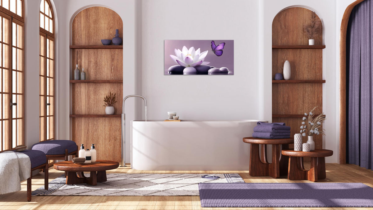 1 Panel Purple Wall Art Purple Pictures Wall Decor Zen Stone Water Lily and Butterfly on the Lake Pictures Poster Spiritual Yoga Spa Painting for Living Room Bedroom (24"L x 12"W / Purple Zen)