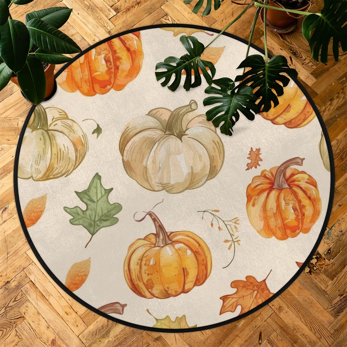 Autumn Pumpkin Leaves Round Area Rug 5Ft Thanksgiving Harvest Circle Carpet (5 ft / Pumpkin Leaves)