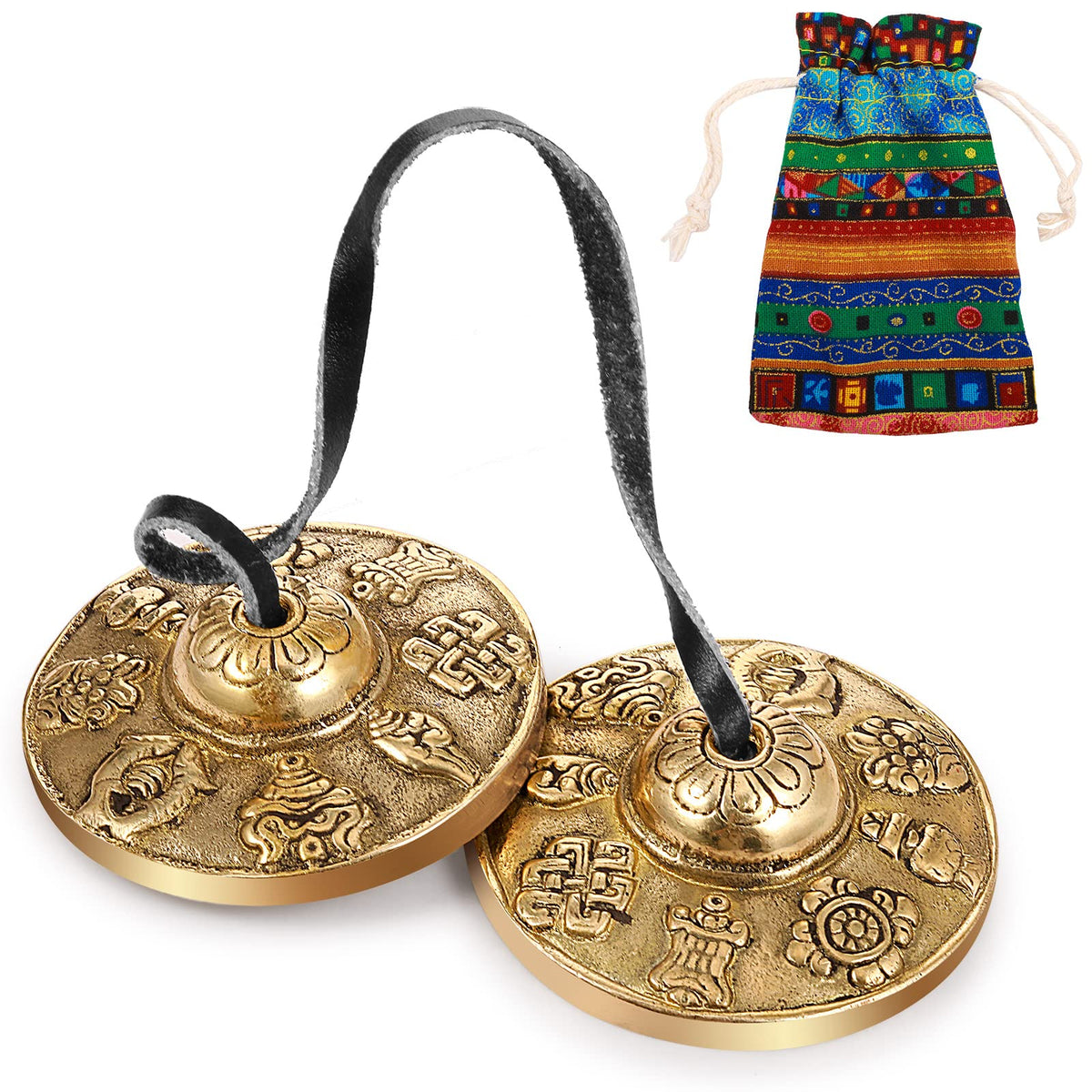 Tingsha Meditation Bell with Bag (8 Lucky Symbols Embossed)