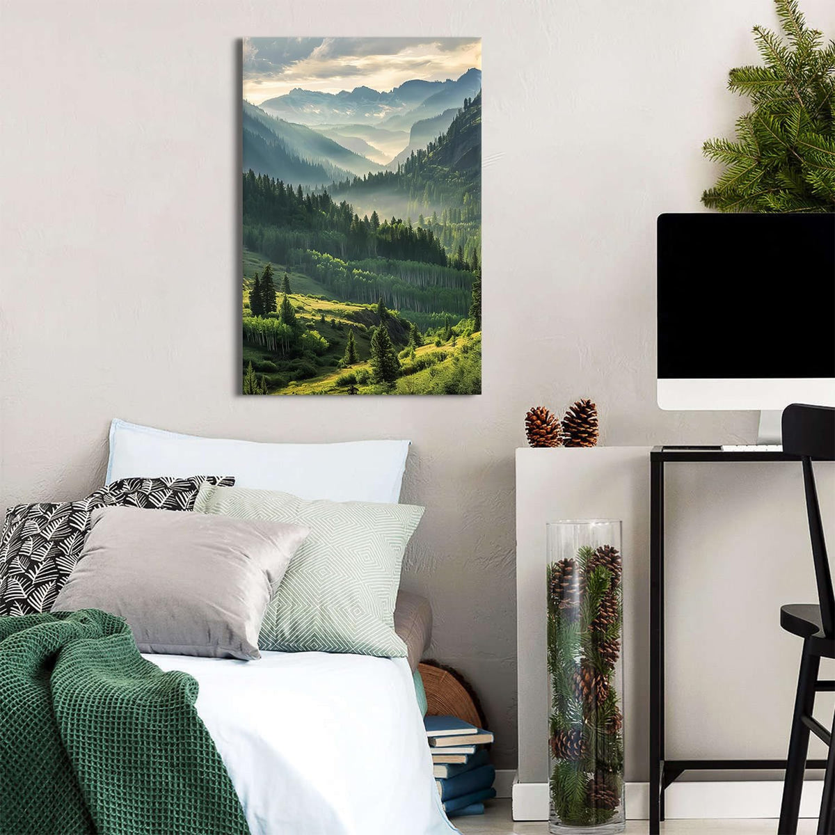 Misty Forest Wall Art Bedroom Decor Forest Mountain Canvas Pictures for Living Room Nature Landscape Prints Paintings Green Woodland Poster Aesthetic Mountains Canvas Artwork for Home Decorations 24x36" (36"L x 24"W / Misty Mountain)