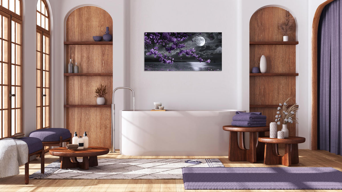 1 Pcs Purple Bedroom Pictures Wall Decor Purple Canvas Art Black and White Sea Night Full Moon Purple Flower Print on Canvas Purple Wall Picture for Room Decor Stretched and Framed 16x32 inch (32"L x 16"W / Purple Flower 10)