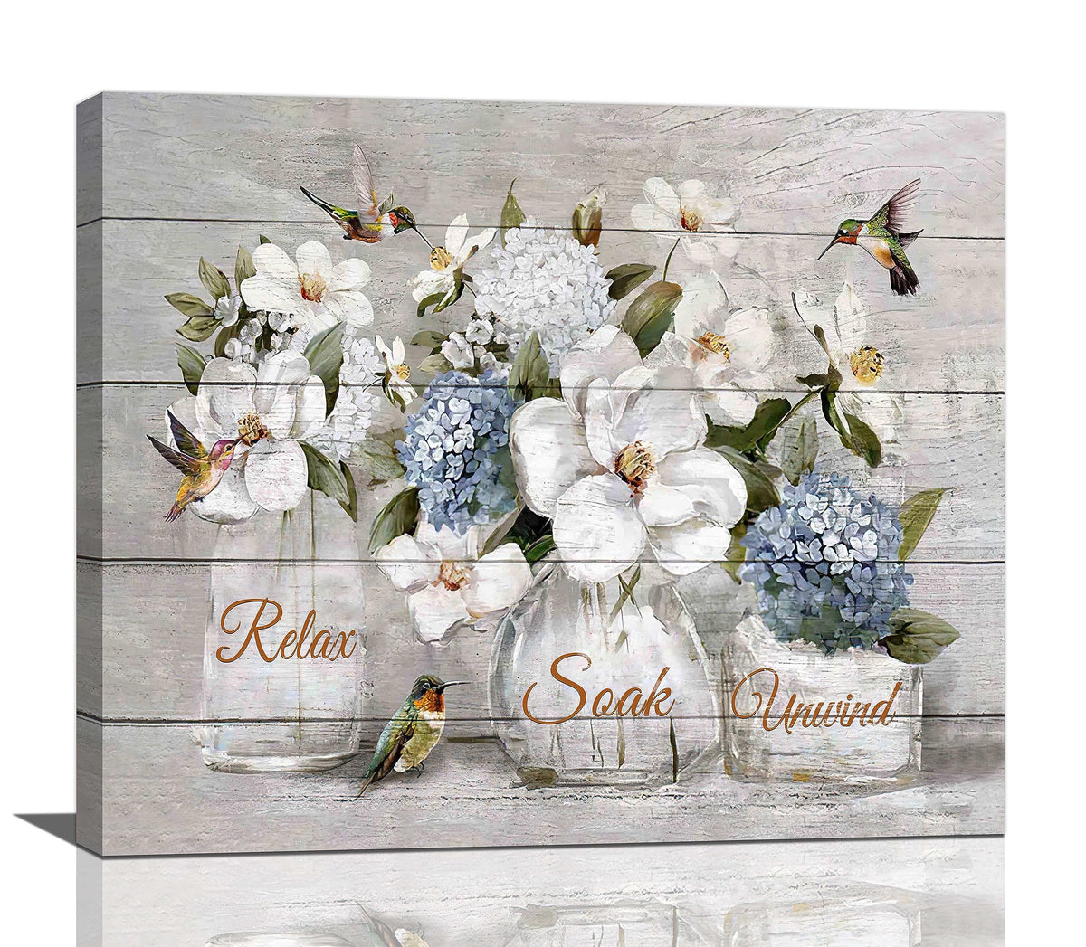 Farmhouse Flower Bathroom Decor Wall Art Rustic Hummingbird White Floral Pictures Wall Decor Relax Soak Unwind Bathroom Sign Canvas Painting Prints Artwork Home Decorations Framed for Bedroom 24"x20" (White Flower / 24"L x 20"W)