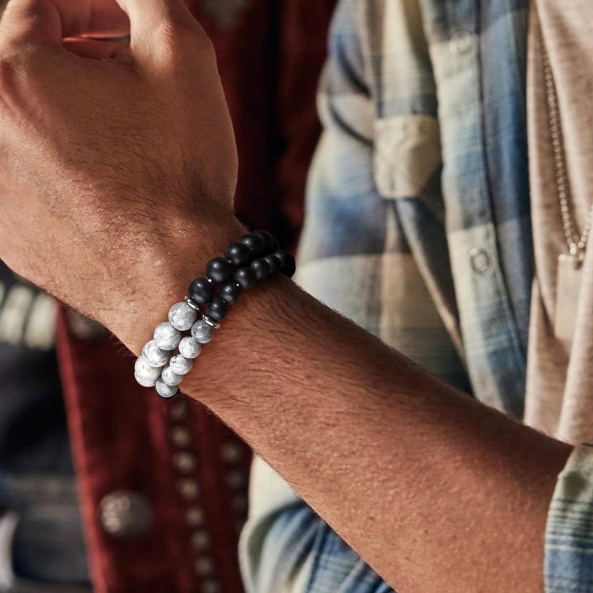 Mens Bracelets 8MM Natural Stone Beads Bracelet Set Stretch Adjustable Beaded Bracelets for Men (2,gray,black)