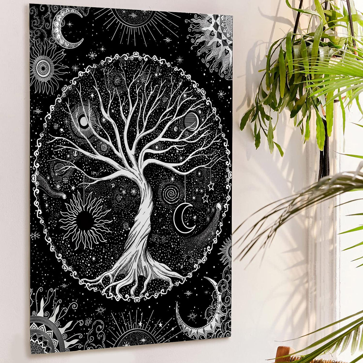 Tree of Life Tapestry Black and White Tapestry Mystical Sun and Moon Tapestries for Bedroom and Living Room Decor Black Tree 44×60 Inches (White Black / 44"L x 60"W)