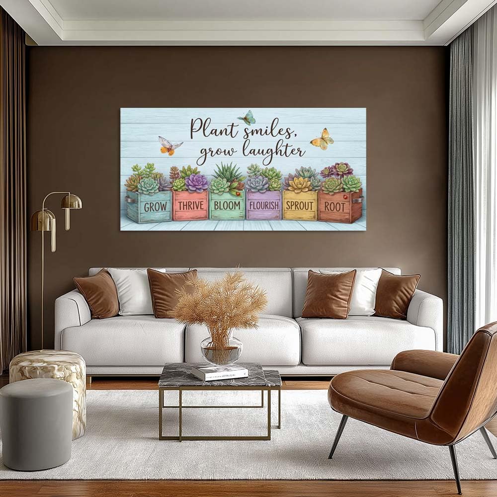 Rustic Succulent Canvas Wall Art Colorful Faux Wood Planter Box Painting Flat Print Gallery Wrapped Botanical Artwork for Living Room Bedroom Bathroom Decor (Bohemian / Yellow Succulent Garden 14 / 46"L x 23"W)