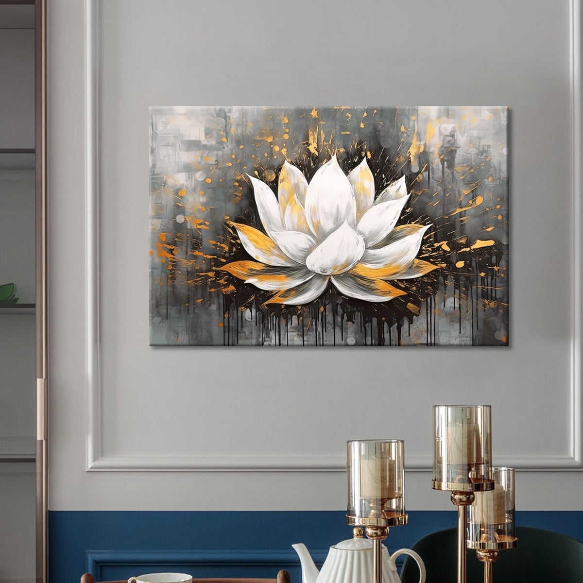 Zen Flower Wall Painting Decor White Golden Lotus Flower Print Picture Abstract Flower Artwork for Home Living Room Decoration Framed Gallery Wrapped (Lotus 05 / 18"L x 12"W)