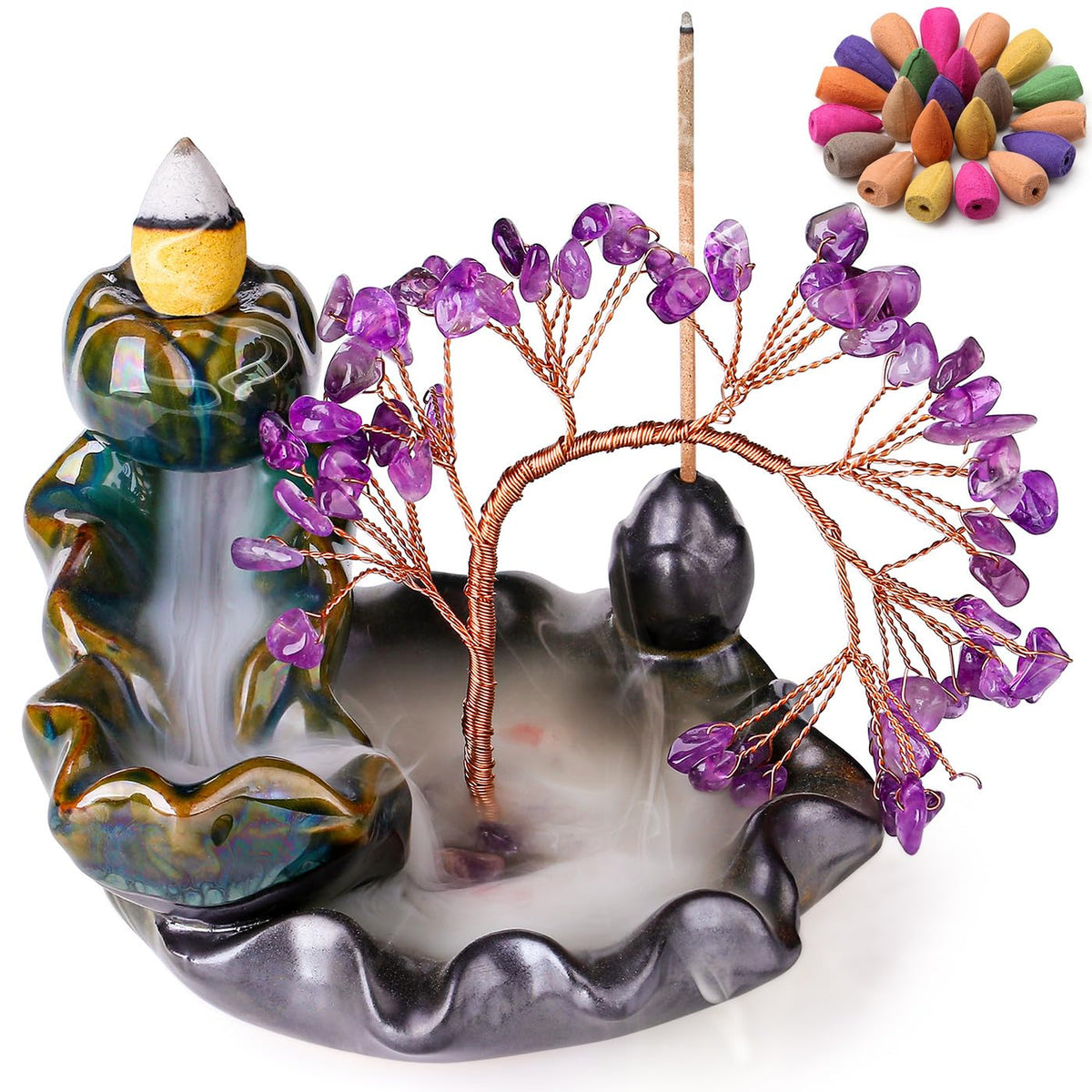 Incense Holder Ceramic Backflow Incense Waterfall Burner Amethyst Crystal Tree with 30 Burner Incense Cones for Room Home Zen Decor Meditation (Amethyst)