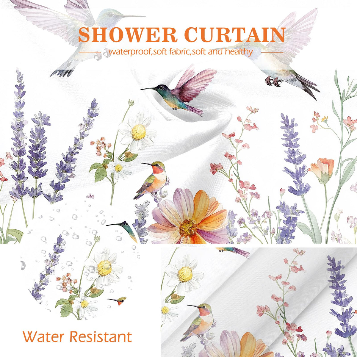 Hummingbird Shower Curtain Wildflower Lavender Daisy Garden Flower Watercolor Nature Floral Spring Bathroom Decor Bathtub Curtain Fabric Shower Curtain Set with 12 Hooks (Hummingbird Floral Garden / 72"W x 72"L (Pack of 1))