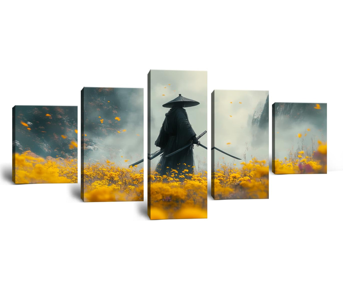 Samurai Wall Art Japanese Warrior Pictures Wall Decor Abstract Canvas Painting Print Artworks for Living Room Bedroom Office Bathroom Master Yellow Framed 5 Piece (60"Wx32"H / Samurai 5P-8)