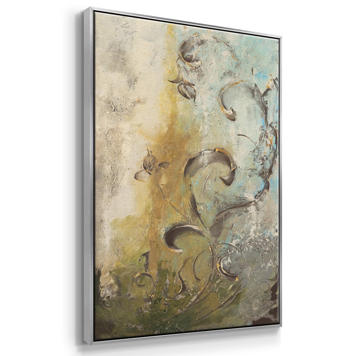 Nature Wall Art Silver Floating Frame Paintings Modern Enchanted Garden Foliage Abstract Hanging Artwork Home Prints for Bedroom Office Kitchen (41"L x 27"W / Enchanted Garden I)