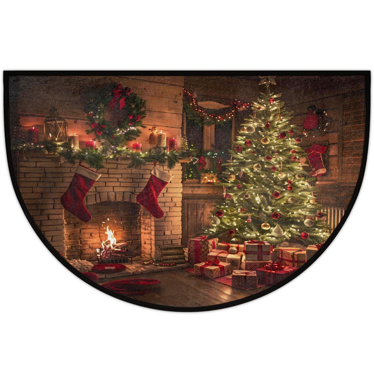 Half Round Doormat Christmas Fireplace Tree Decor Semi Circle Rug Non Slip Indoor Outdoor Entrance Half Moon Rug Washable Front Floor Mat for Kitchen Bathroom Patio Fireplace Holiday Decor A (Z:christmas 7)