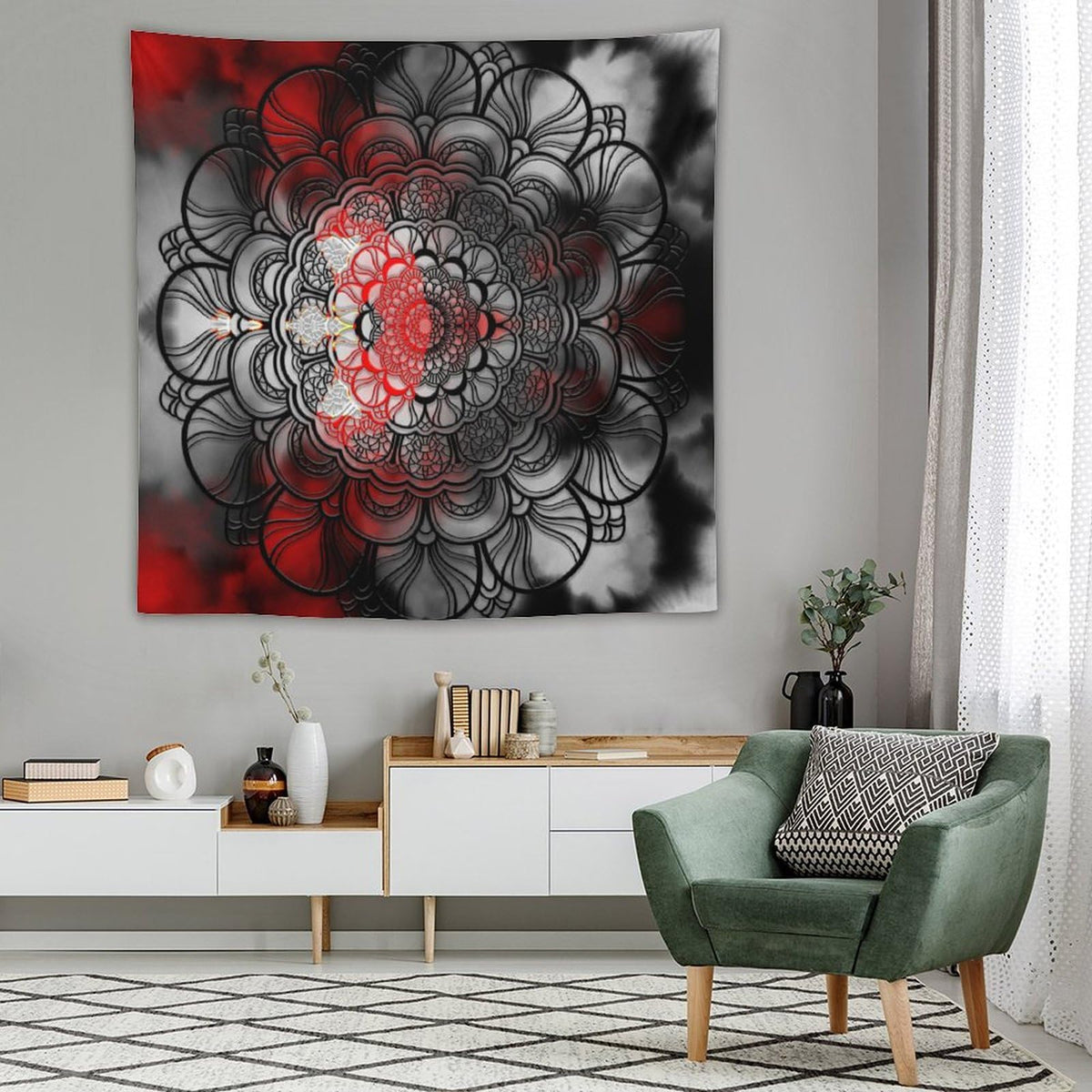 Black And Red Mandala Tapestry Wall Hanging Abstract Yellow Red Black Boho Floral Modern Tapestries Home Decor for Living Room Bedroom Apartment Farmhouse Dorm 60"x60" (60"L x 60"W / Mandala-15)