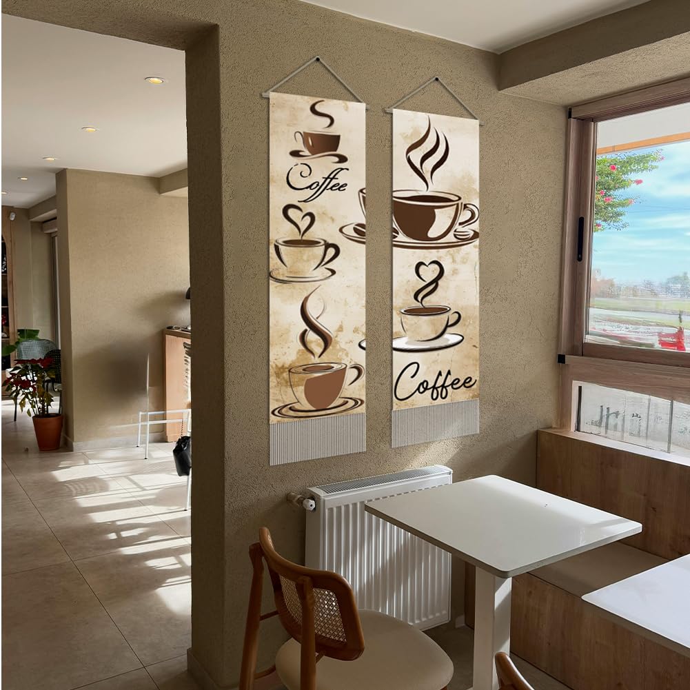 2Pcs Coffee Tapestry Coffee Line Drawing Wall Hanging Tapestries (Beige-coffee)