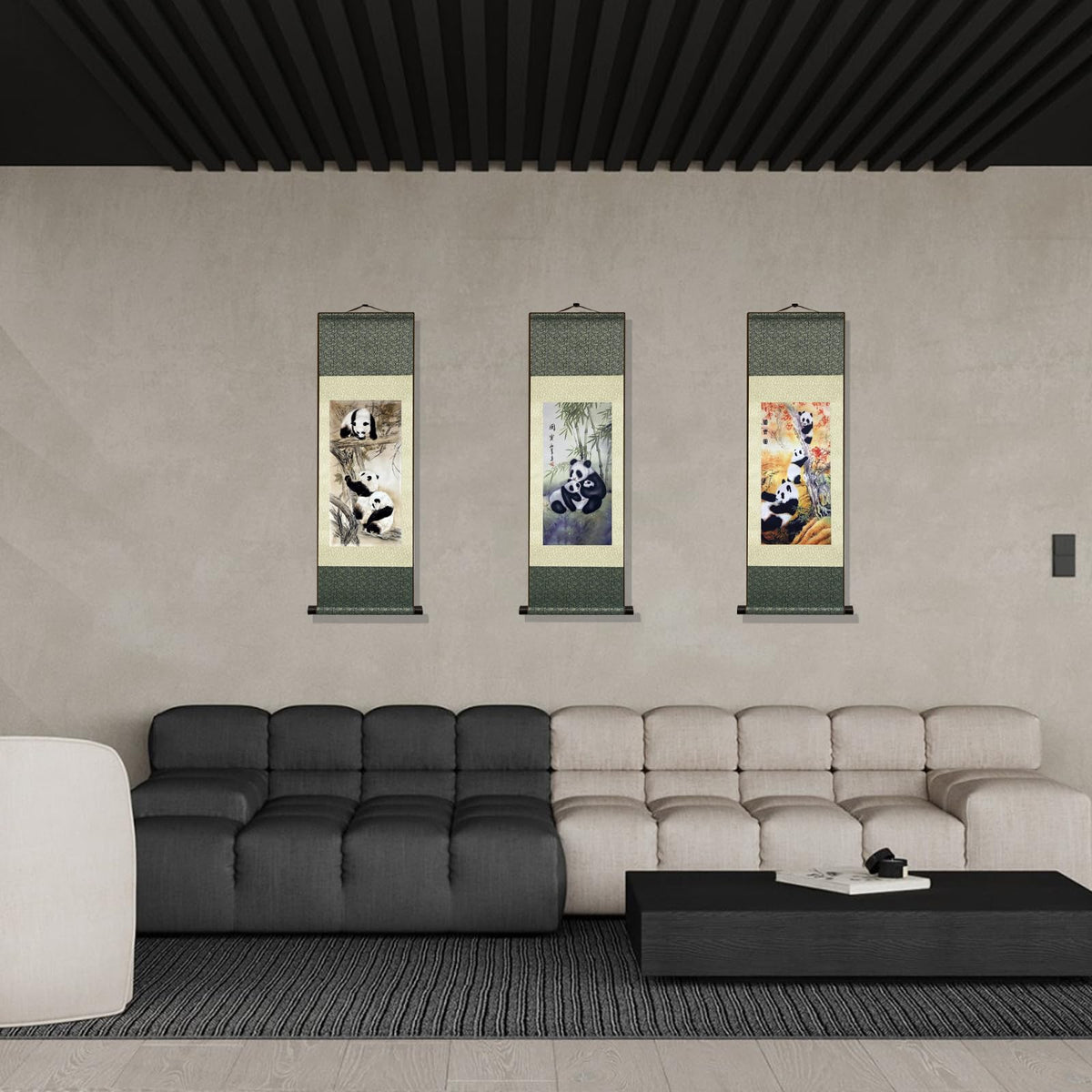 Zen Style Giant Panda Family Wall Art Silk Scroll Cute Chinese National Treasure Panda Posters with Bamboo Forest Traditional Asian Art Home Office Hotel Lobby Spa Room Decor 36x12 In (HJ-K006)