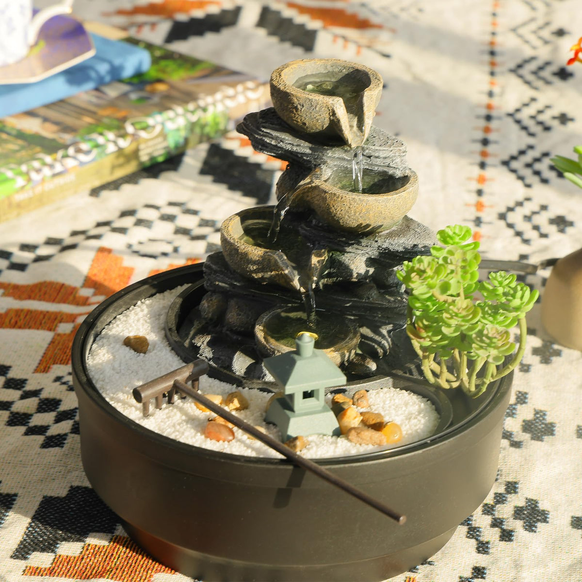 Indoor Tabletop Water Fountain with LED Lights & Pagoda (Gray_rock / 8.5 Inch)