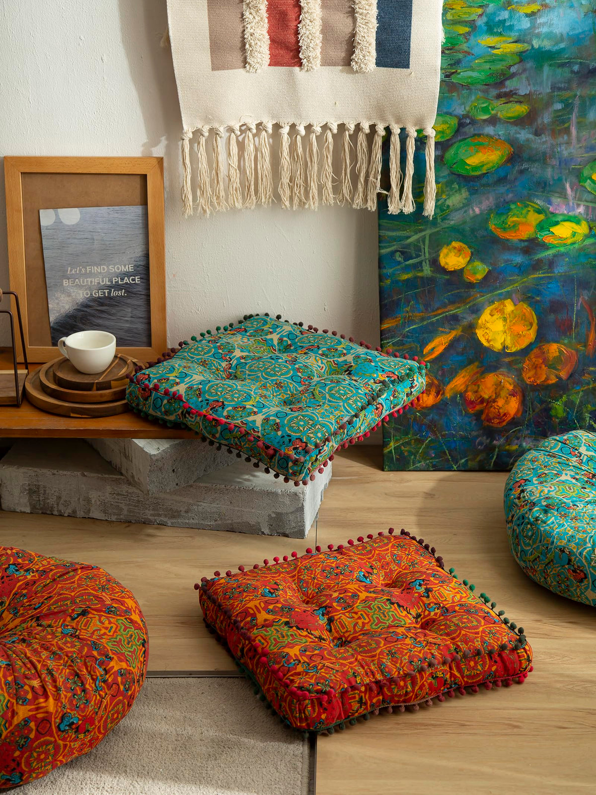 Moroccan Printed Square Chair Pads Cotton Linen Soft Comfort Chair Cushion Colorful Pompom Seat Cushions for Indoor Dining Room and Kitchen Chairs (16x16 Inch / Orange)