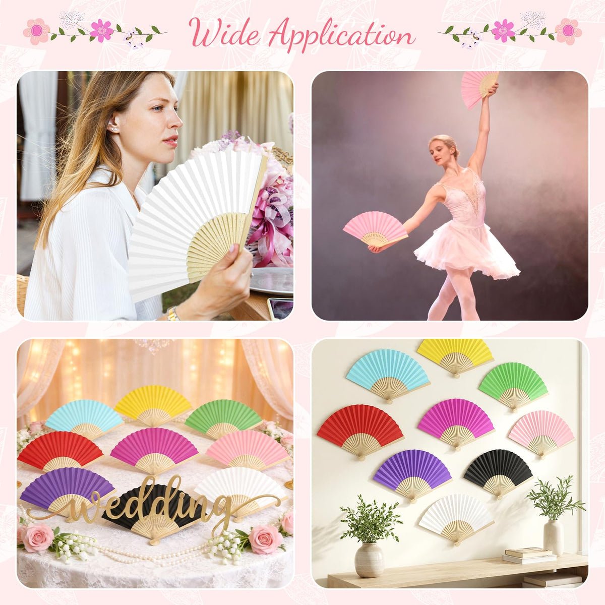 50 Pieces Paper Fans Paper Hand Fan Bamboo Folding Fan Handheld Fan Paper Folded Fan Paper Fan for Wedding Party and Home Decoration (Yellow)