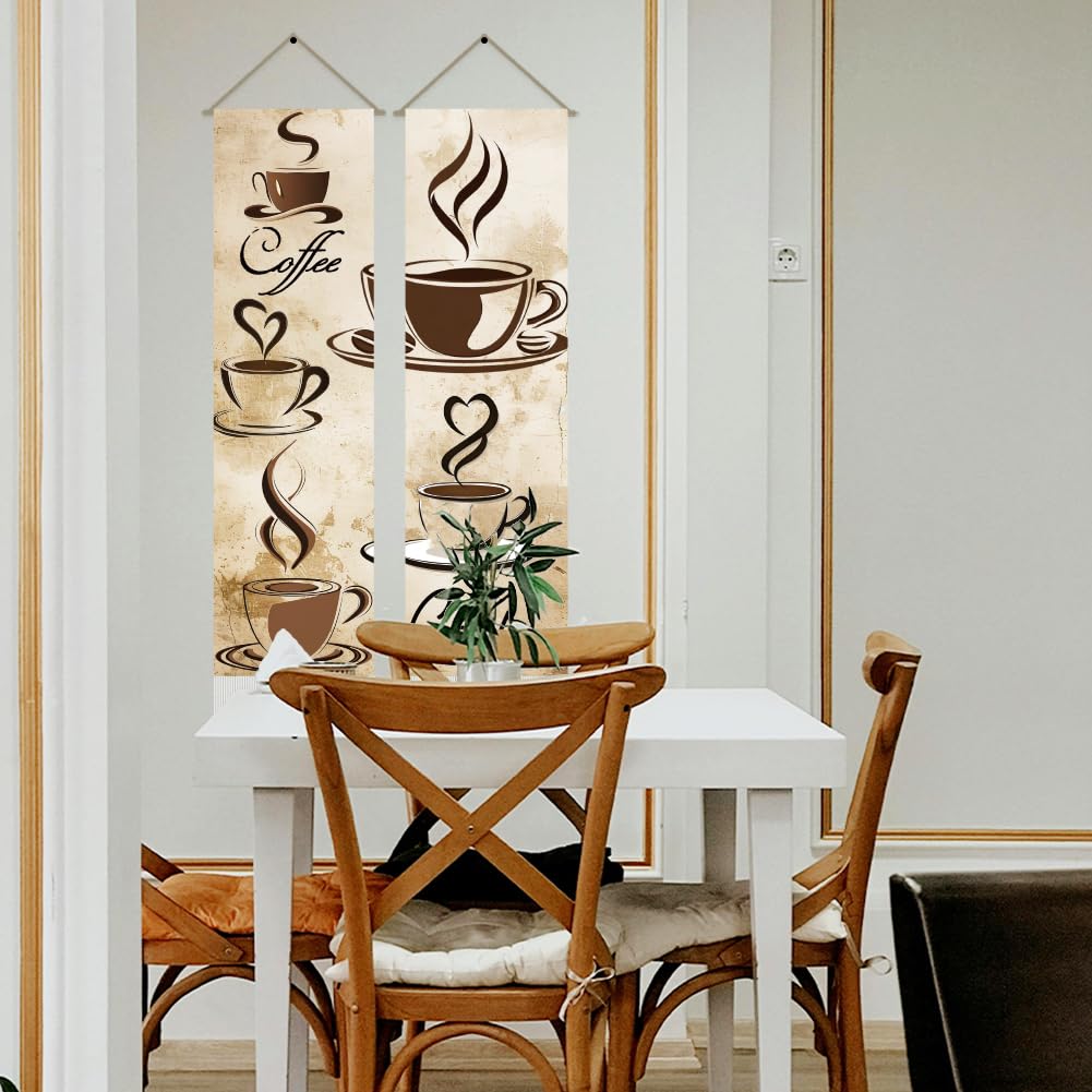2Pcs Coffee Tapestry Coffee Line Drawing Wall Hanging Tapestries (Beige-coffee)