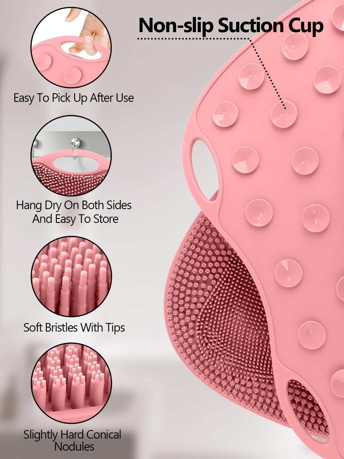 Silicone Shower Foot Scrubber Mat with Non Slip Suction Cups (Pink)