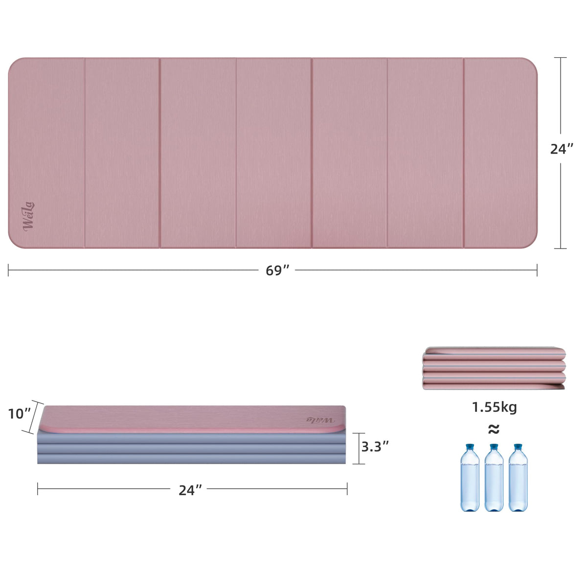 1 2 Inch 70"x24" Foldable TPE Yoga Mat (Dark Pink)