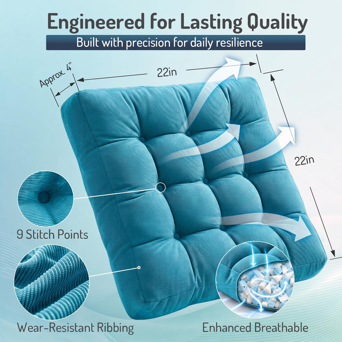 Large Floor Pillow for Adult (1 Pack / Square | Turquoise | 1 Pack)