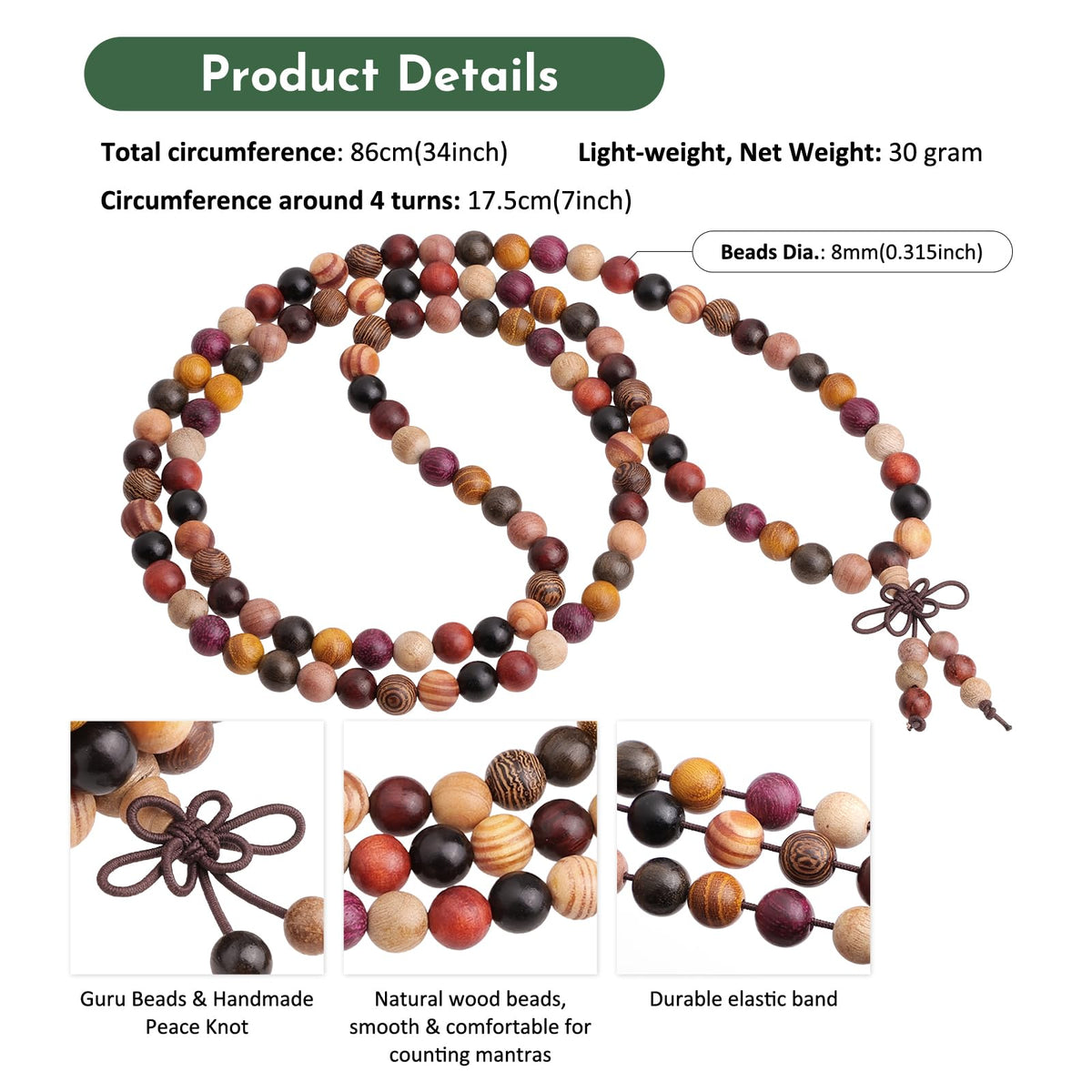 8mm Mixed Wood 108 Tibetan Buddhist Prayer Beads Mala Bracelet