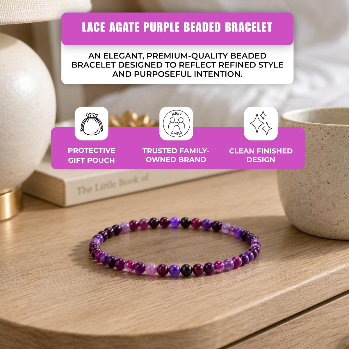 Lace Agate Purple Bracelet 4mm Beaded Bracelet (Lace Agate Purple / Medium)
