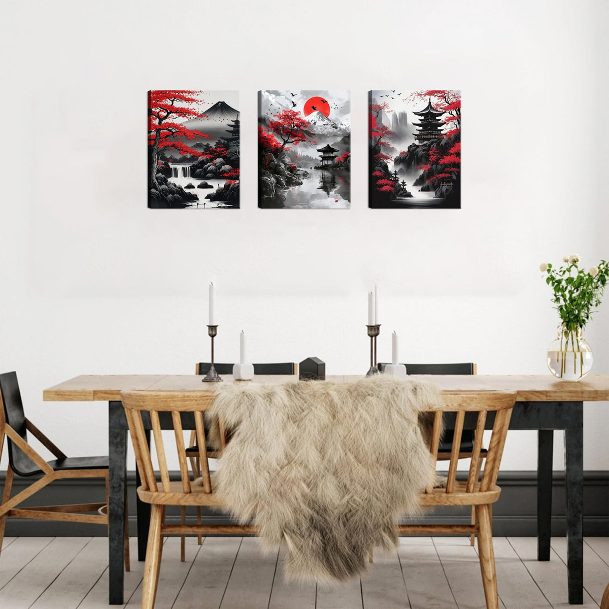 Japanese Wall Art Set of 3 (Black / 16"L x 12"W)