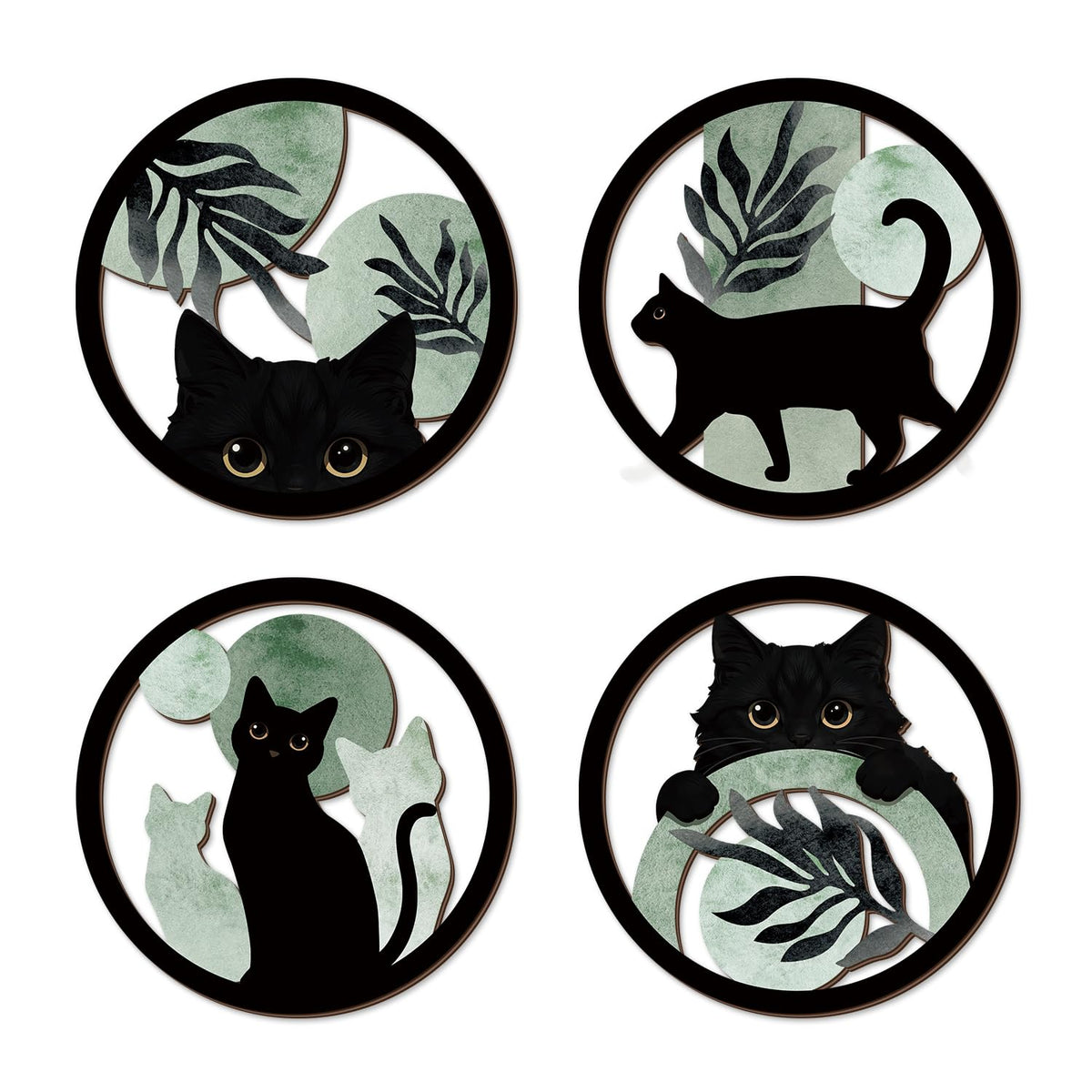 Boho Black Cat Wooden Wall Art Sage Green Cats Round Wall Decor (4pcs Sage Black Cat Wall Art)