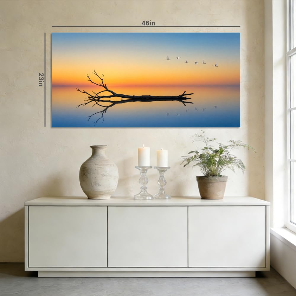 Minimalist Bare Tree Canvas Wall Art Zen Lake Reflection Landscape Painting Flat Print Gallery Wrapped Moody Artwork for Living Room Bedroom Bathroom Decor (Mysterious / Black Dead Tree Branch 18 / 46"L x 23"W)