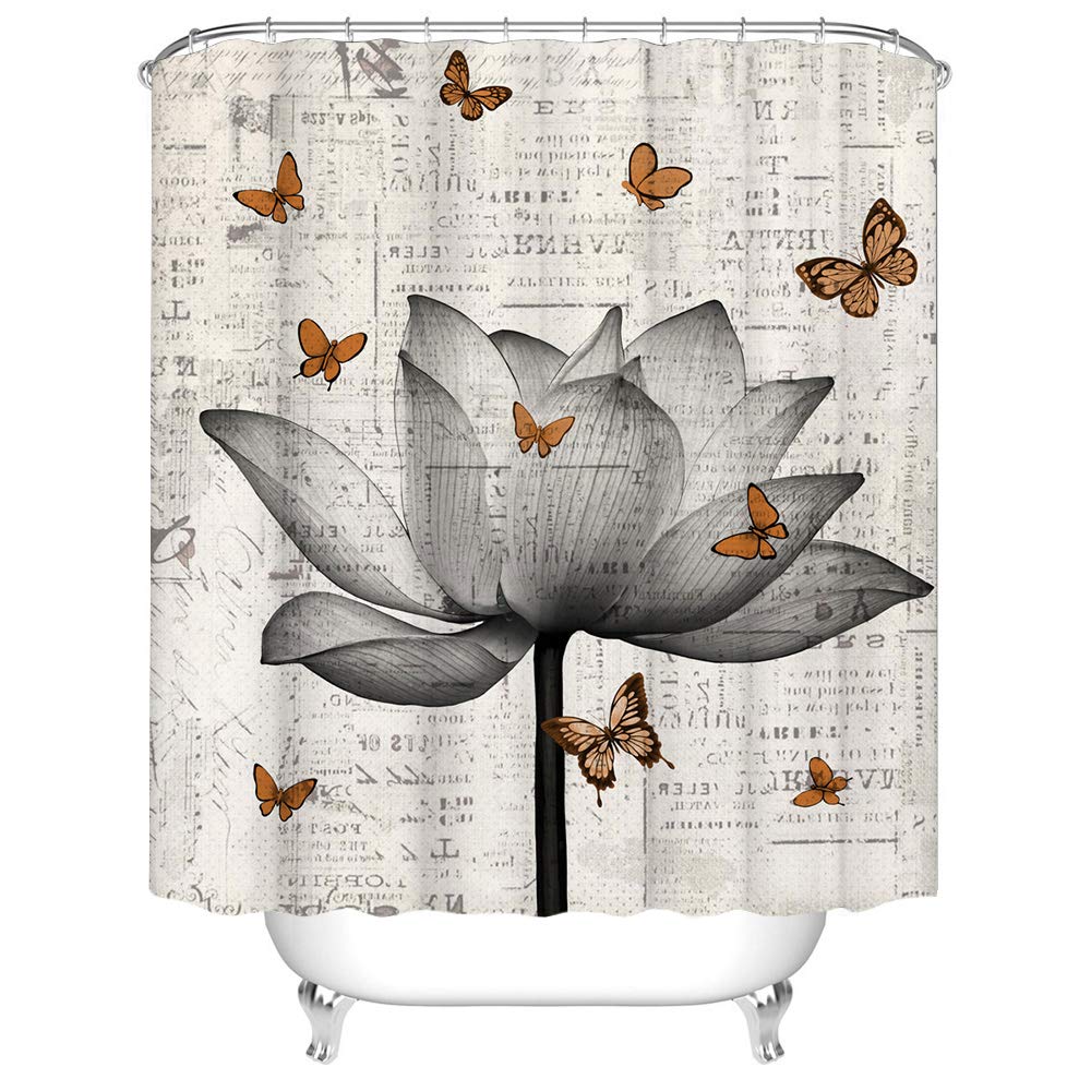 Lotus Shower Curtain Set Cloth Grey Flower and Butterfly Bath Curtain Zen Floral Bathroom Decor with Hooks 72"×72" Retro Newspaper Background (72"W x 72"L (Pack of 1))